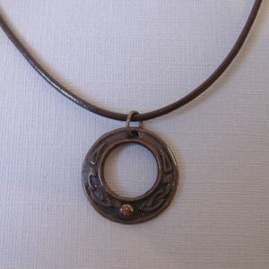 Copper Metal Medallion Pendant Black Leather Cord Necklace Claw Clasp Vintage